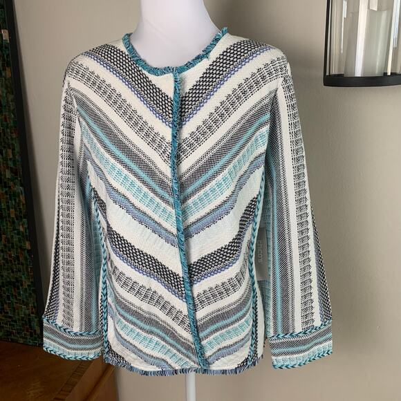 NEW Chico's Size 2 US L Cotton Sweater Jacket 3/4 Sleeve Lightweight Blue White - Picture 2 of 12
